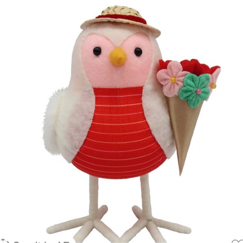 NWT 6.25" Fabric Valentine's Day Bird Figurine Holding Flowers - Spritz